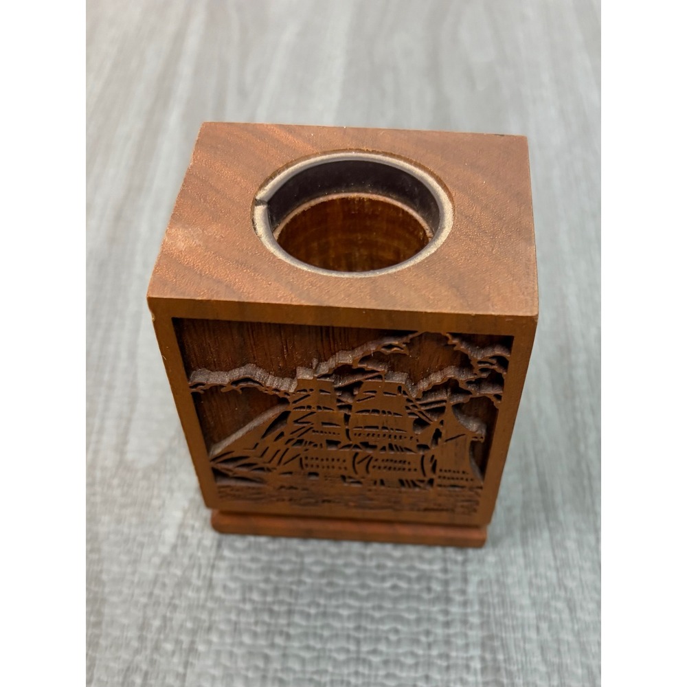 Lasercraft Wood Candle Holder Vintage Laser Engraved Ship Nautical Desk Decor - Picture 2 of 9